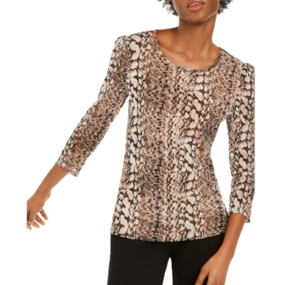 𝅺INC International Concept Brown Animal-Print Scoop Neck Sheer Top Womens M & L